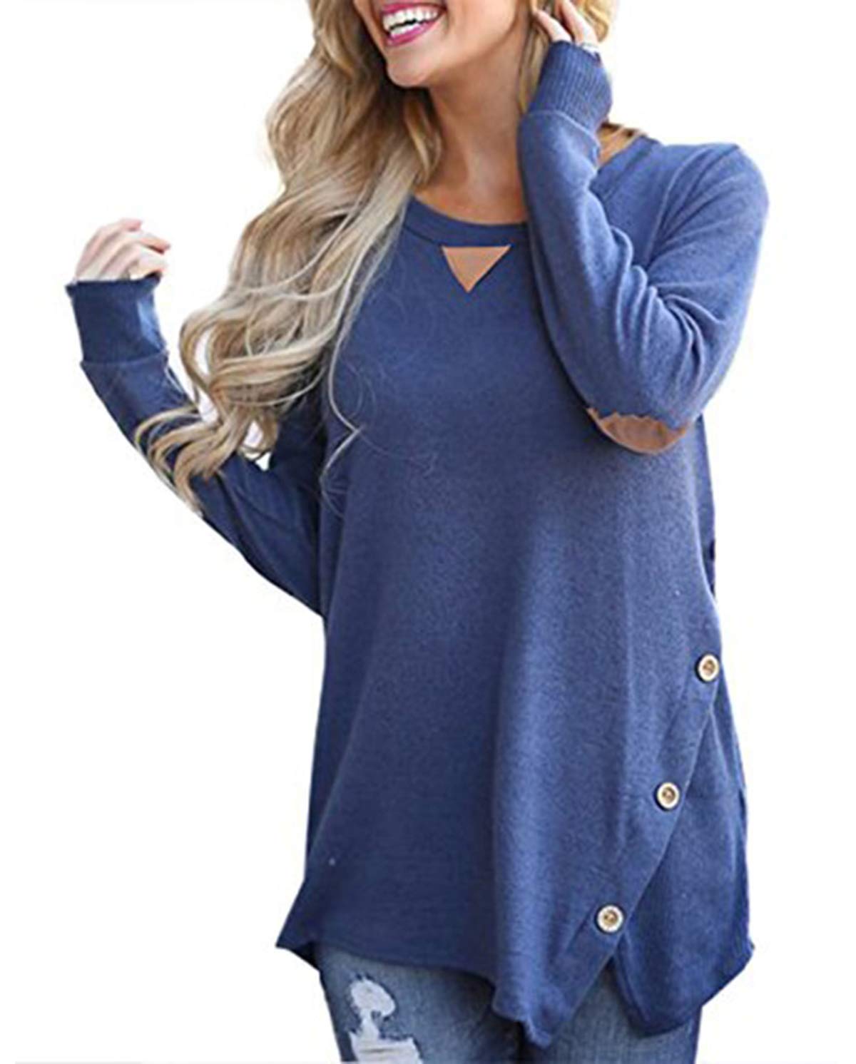 IMIDO Womens Tops Casual Long Sleeve Loose Side Buttons Elbow Patched Tunic T Shirt Blouse(S, Blue)