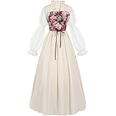 XINVTIV Medieval Renaissance Dress Vintage Victorian Floral Pattern Dress Adjustable Lace-Up Corest Puff Sleeve for Halloween