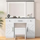 YITAHOME Farmhouse Vanity Desk with Mirror Vanity Set with Stool