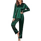 Ekouaer Women Satin Silk Pajamas Classic Long Sleeve Button Down Pjs Set Soft Loungewear