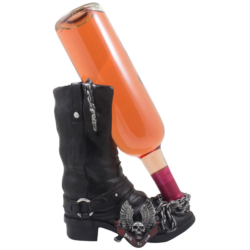 Decorative Black Motorcycle Biker Boot Liquor or Wine Bottle Holder Display Stand with Born to Ride Logo, Skull & Eagle Wings Symbol for Home Bar Decor or Kitchen Counter Wine Racks As Gifts for Harley Riders