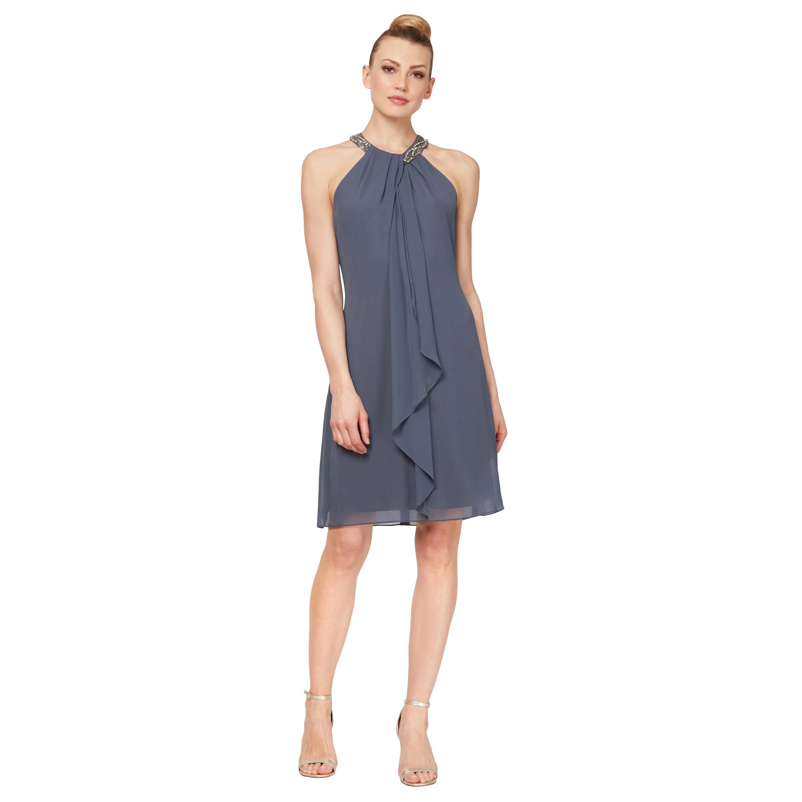 S.L. Fashions Women’s Jewel Halter Neckline Cocktail Dress, Wedding Guest, Perfect Party Dress,(Petite and Regular Sizes), Steel, 8