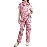 MakeMeChic Women's 2 Piece Pajama Set Cute Bow Short Sleeve Button Down Shirt and Pants Loungewear