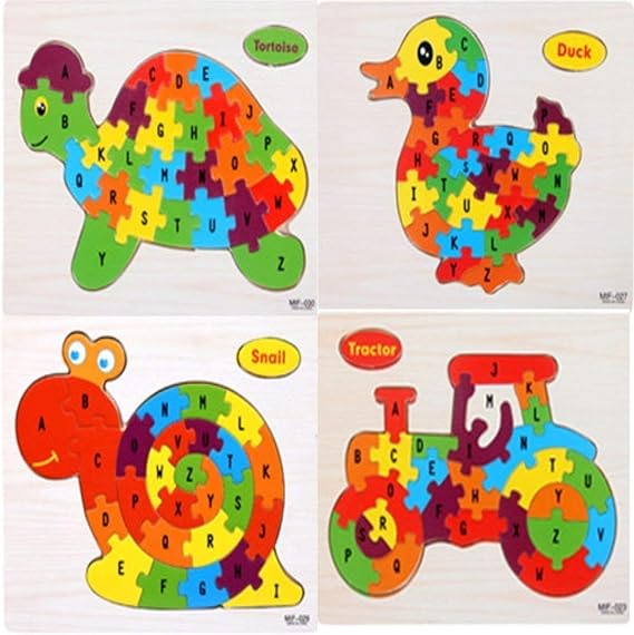 TEMSON A-Z English Alphabet Learning Wooden Jigsaw Puzzle Blocks Jigsaw Puzzles, Wooden Alphabet Jigsaw Puzzle Wooden Building Blocks Animal Wooden Puzzle for Children�s Puzzles Toys (Pack of 4)