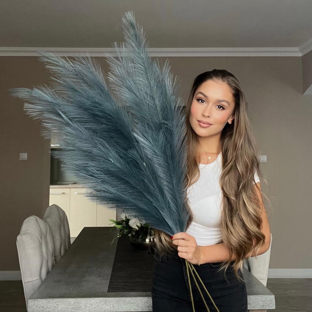 VOULUX Extra Large Tall Navy Blue Fake Faux Artificial Pampas Grass Large Fluffy x3 115cm Stems x18 Decorative Artificial Flora Feathers For Floor Vases Tall Blue Plant Flowers Long Pampas Grass