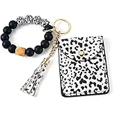 FASHEWELRY Silicone Key Ring Bracelet Keychain Cow Print Wallet Beaded Keychain Wristlet With Pu Leather Card Wallet Key Ring Card Holder Tassel Cute Keychains for Women