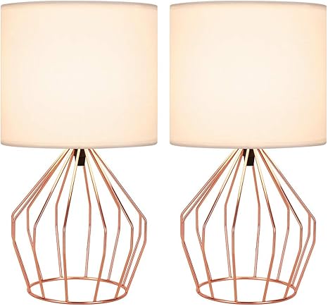 juego de 2 lamparas de mesa de noche moderna lampara de escritorio de oro rosa ahuecada base de metal con pantalla blanca luz nocturna par para