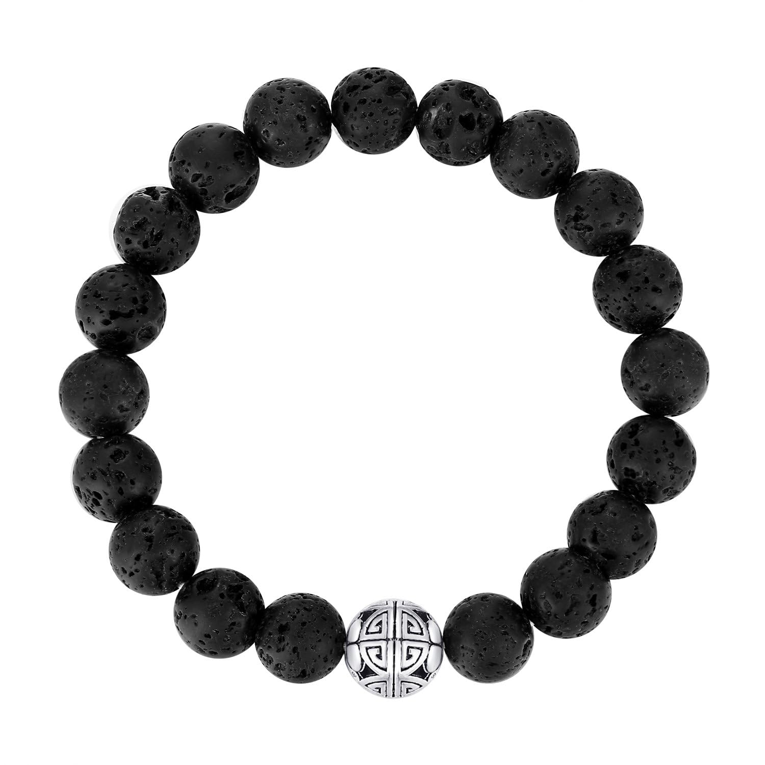 MetJakt Natural 8mm Gemstones Healing Crystal Stretch Beaded Bracelet Bangle with 925 Sterling Silver Double Happiness Pendant (lava) — image 1