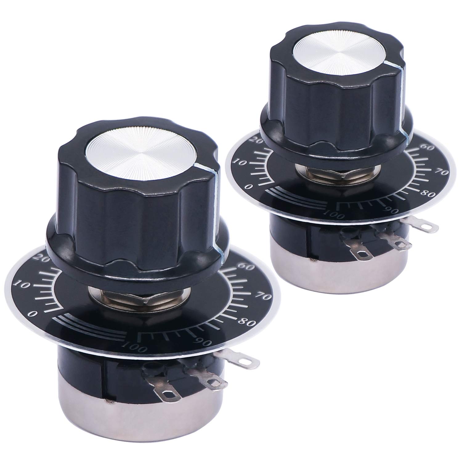 Taiss / 2pcs RV24YN20S Single Turn Carbon Film Rotary Taper Potentiometer Used for Inverter speed regulation. Motor speed control + 2pcs A03 knob + 2pcs dials (B103 10K ohm)