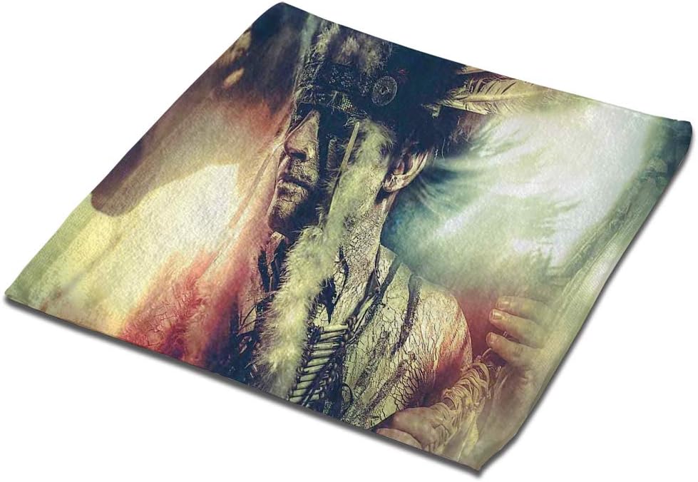 2-Pack 13" Face Bath Towel Set Hand Towels and Washcloths Microfiber Dish Cloth, Brave Native American Warrior Chief of Tribe with Noble White Horse Photo Print