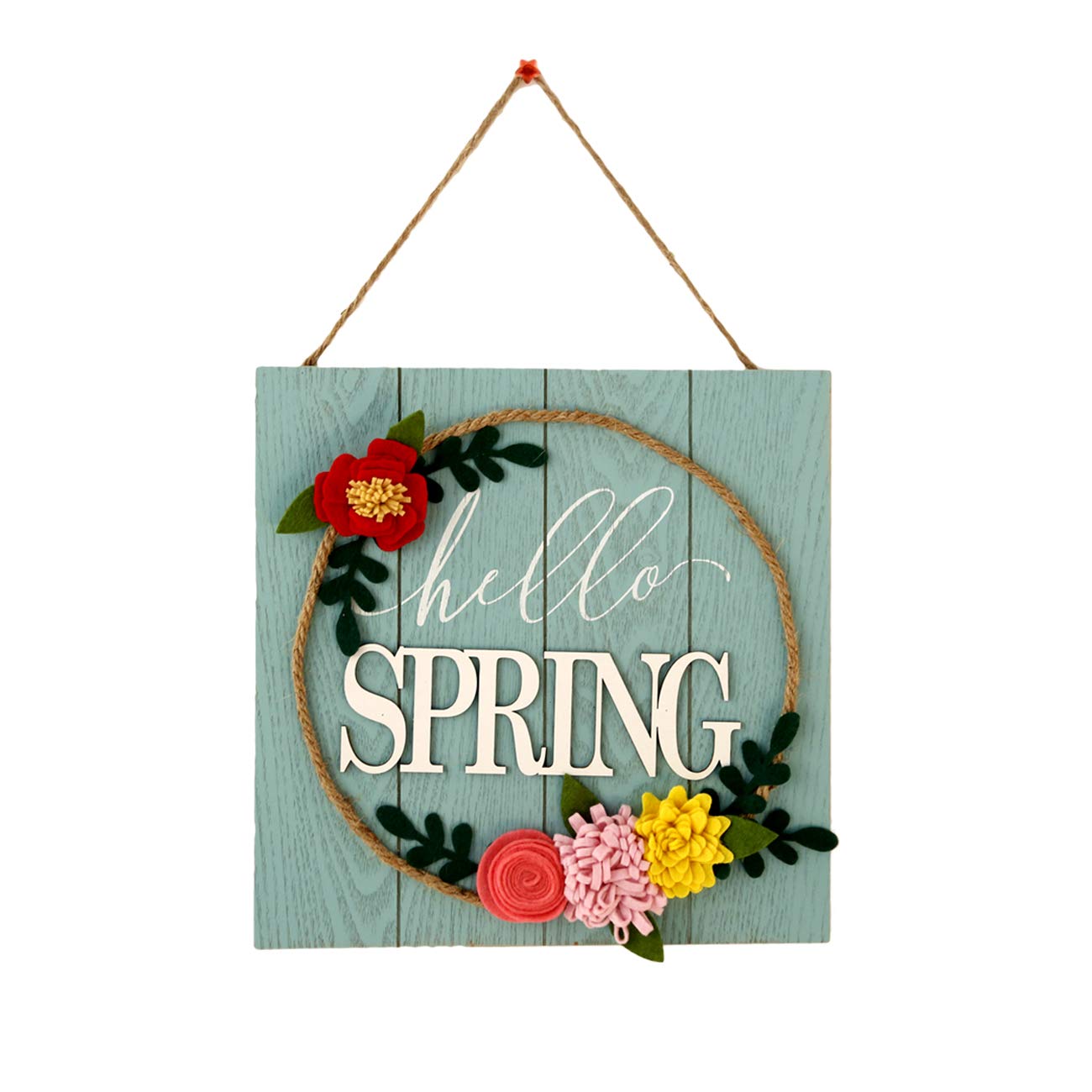 HOMirable Spring Wall Decor Home Hanging Sign 3D Fabric Flowers Wall Plaque Hello Spring Wreath Wooden Door Sign Rustic Vintage Farmhouse Decoration Gift for Kitchen Living Dinning Room Bedroom