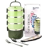 SANQIAHOME 4 Tier Stackable Stainless Steel Lunch Box Sealed(green, 4 layers) with spoon and fork