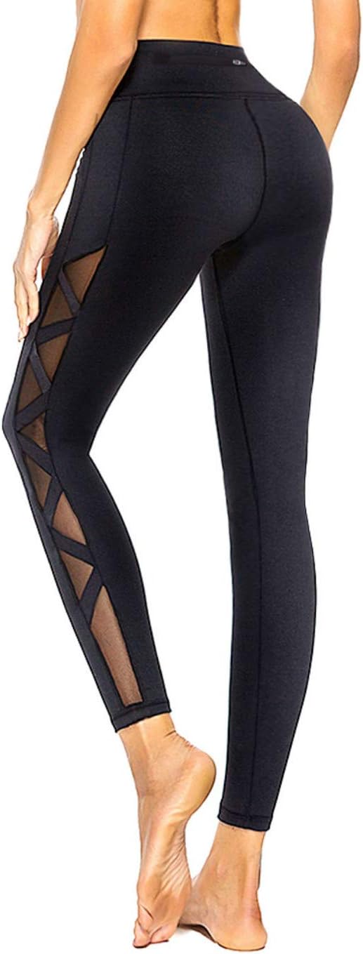 romansong Women's Mesh Leggings Yoga Pants with Pocket, Non See-Through Capri High Waisted Tummy Control 4 Way Stretch