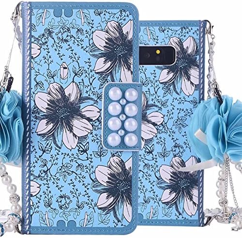Galaxy Note 8 Case, ArtMine Floral Print PU Leather Pearl Magnetic Lady Wallet Flip Case with 3D Chiffon Flower Ball Pendent Wrist Strap &amp; Card Holder Slots for SansungGalaxy Note 8, Blue