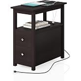 Sandinrayli 3-Tier Side Table Slim Sofa End Table with 2 Drawers and 1 Open Shelf Narrow Space for Living Room, Espresso Power (Outlets and USB Ports Included)