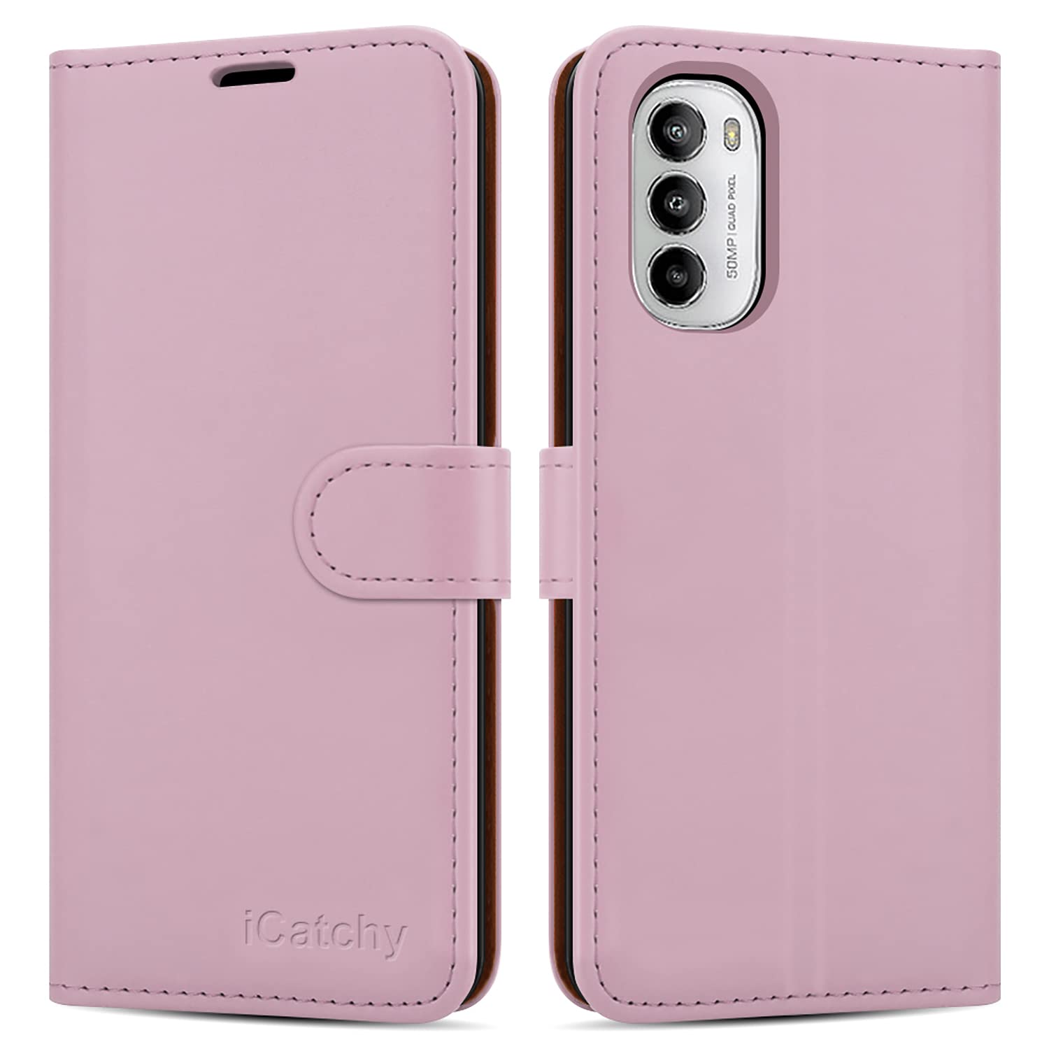 iCatchy for Motorola Moto G82 5G / G52 Case Leather Wallet Book Flip Kickstand Card Slots Full Protection Folio Cover Compatible for Moto G82 / G52 Phone (Rose Gold)