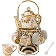 CHANJOON Gold Plated Red Rose Ceramic Tea Set, Vintage Tea Set with Teapot, Beautiful Tea Set Coffee Serving 6 People (pink, Medium)
