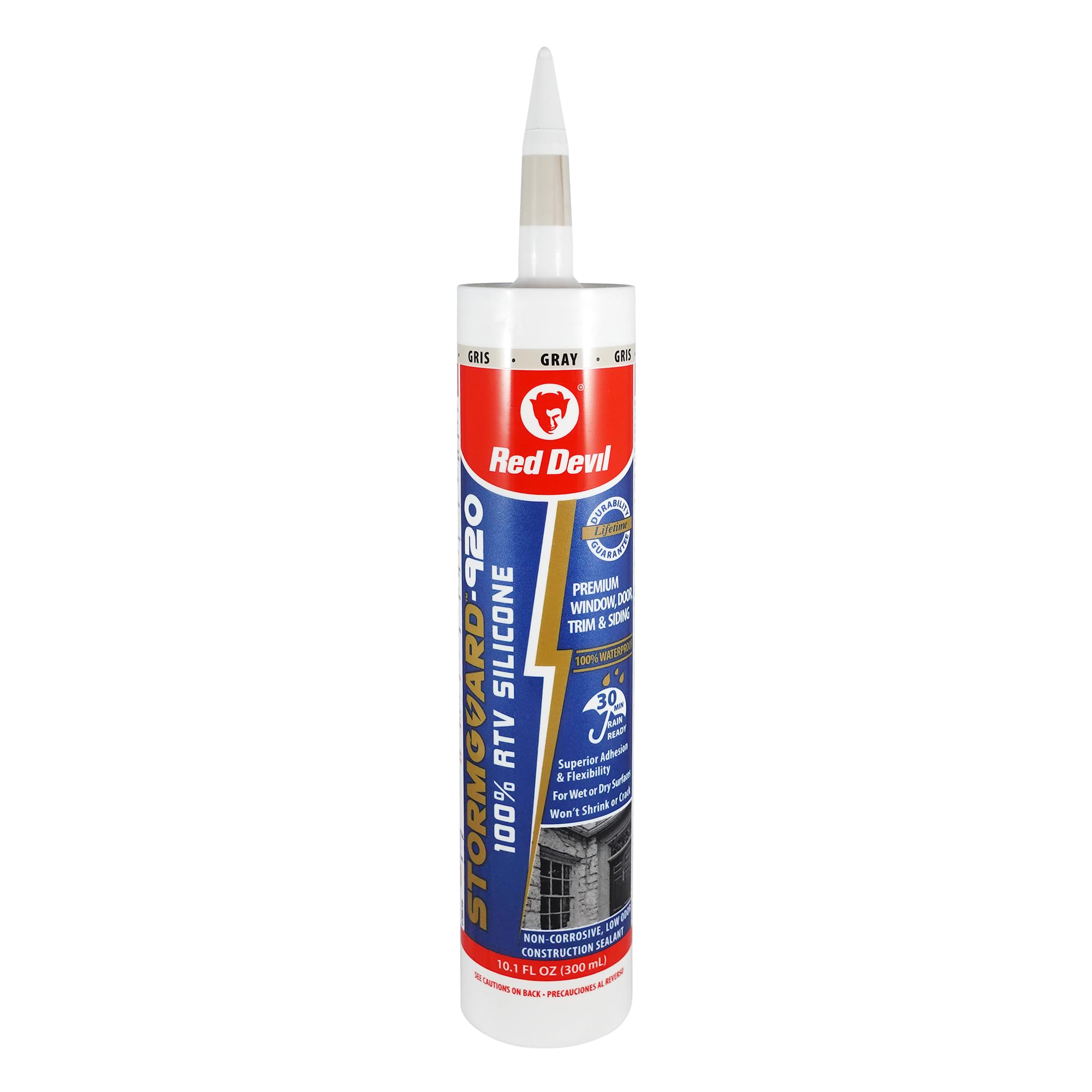 Red Devil 078050 StormGuard 920 100% RTV Silicone Window and Door Sealant, A Water-Resistant Adhesive for Interior and Exterior Use, 10.1 oz. Tube, Gray, 1-Pack