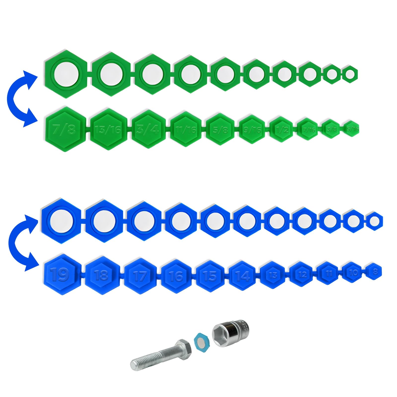 PLAYOCCAR SAE & Metric Magnetic Socket Insert, 21Piece Hexagon Set (8mm - 19mm & 3/8" - 5/16") with Two Colors & Size Marks