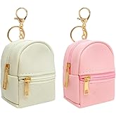 2Packs Mini Backpack Keychain Set Cute PU Leather Coin Purse with Zipper Small Key Holder for Lipsticks, Coins, Small Makeup Bottles Women Girls, Beige & Pink