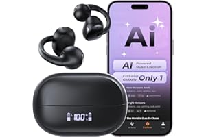 Haowolf Open Ear Earbuds, Bluetooth 5.4 Bone Conduction Clip On Headphones AI Music Generator Wireless Earbuds, 4 Mics Clear Calls, 5.7g Ultra-Light, 30H Hi-Fi Stereo Playtime for Fitness, Black