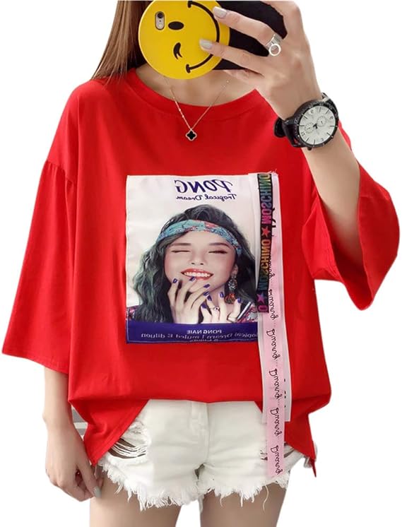 Amazon Wenhaitシャツ レディース 半袖 ロング丈 シャツ トップス カットソー ゆったり オーバーサイズ 夏 Tシャツ ファッション 五分丈 無地 人気 パーカー 丸首 個性 プリント 上着 シンプル かっこいい おしゃれ かわいい Tシャツ カットソー 通販