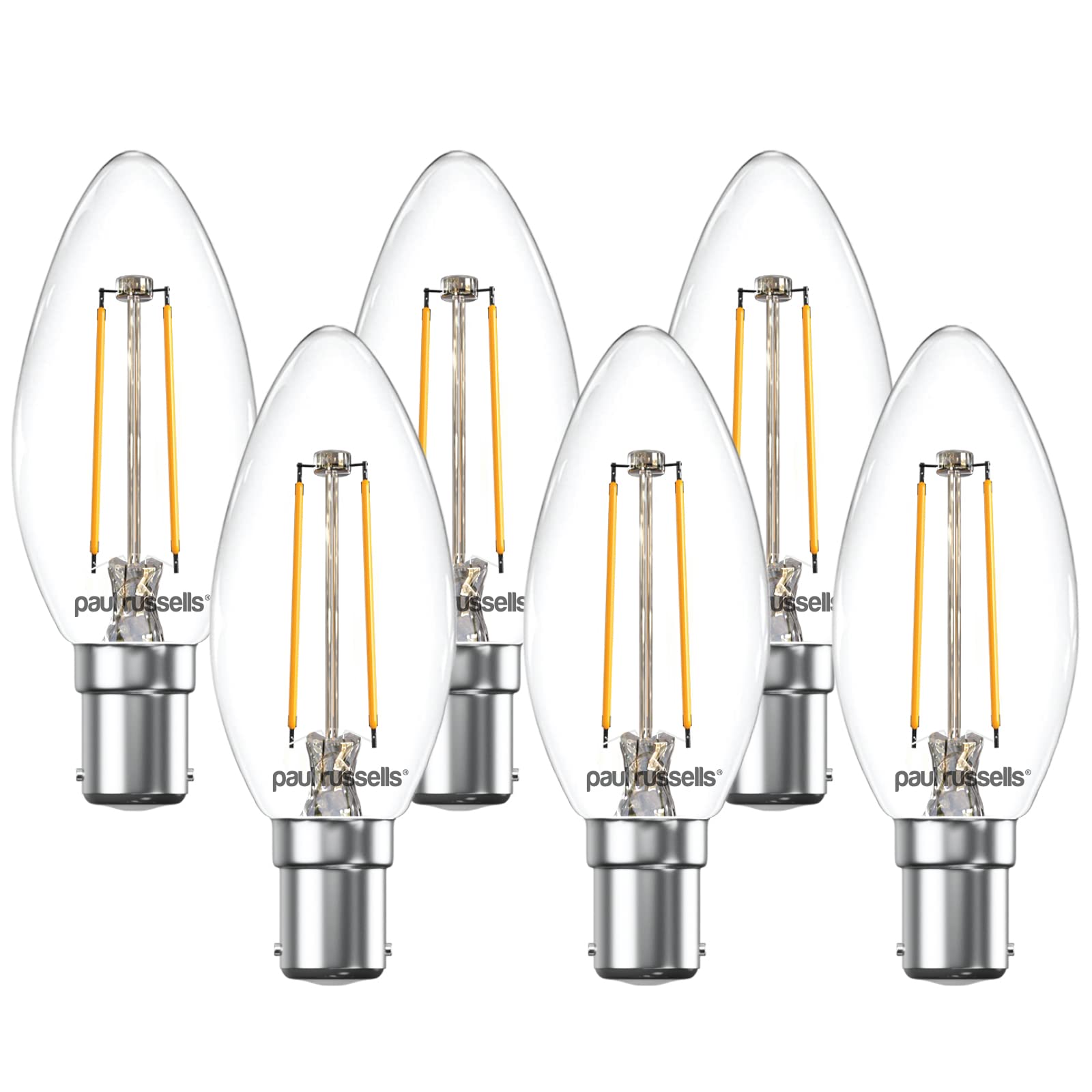 Paul russells LED Candle Filament Light – 2.5W 25W Equivalent Replacement, 250LM Lumens, 2700K Warm White, SBC B15 Small Bayonet Cap C35 Bulbs – Bright Energy Saving Non-Dimmable Lamps - Pack of 6