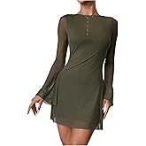 GORGLITTER Women's Bell Long Sleeve Mini Dress Y2k Fall 2025 Mesh Boat Neck Going Out Club Bodycon Short Dress
