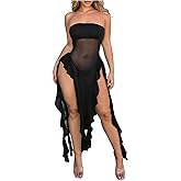 SHENHE Women's Y2k Sheer Mesh Ruffle High Slit Tube Top Dress Strapless Sexy Bodycon Party Dress
