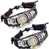 Flongo Men's Women's Alloy Leather Bracelet Bangle Cuff Bronze Lion Head Surfer Wrap Braided Biker Adjustable Fit 8~11 inch