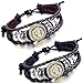 Flongo 2PCS Men's Women's Alloy Black & Brown Leather Bracelet Bangle Cuff Bronze Lion Head Surfer Wrap Braided Biker Adjustable Fit 8~11 inch