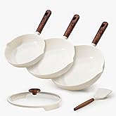 CAROTE Nonstick Frying Pans Skillets, Ceramic Coating Non-Stick Frying Pans Set, 5 PCS, Non-toxic Healthy & PFOA Free, Induction Compatible, 8+9.5+11 Inch with Colander Lid and Spatula, Cream White