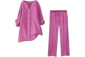 Linen Outfits Women Plus Size 2 Piece Lounge Sets Long Sleeve Tops Loose Fit Long Pants Sweatsuits Tracksuits