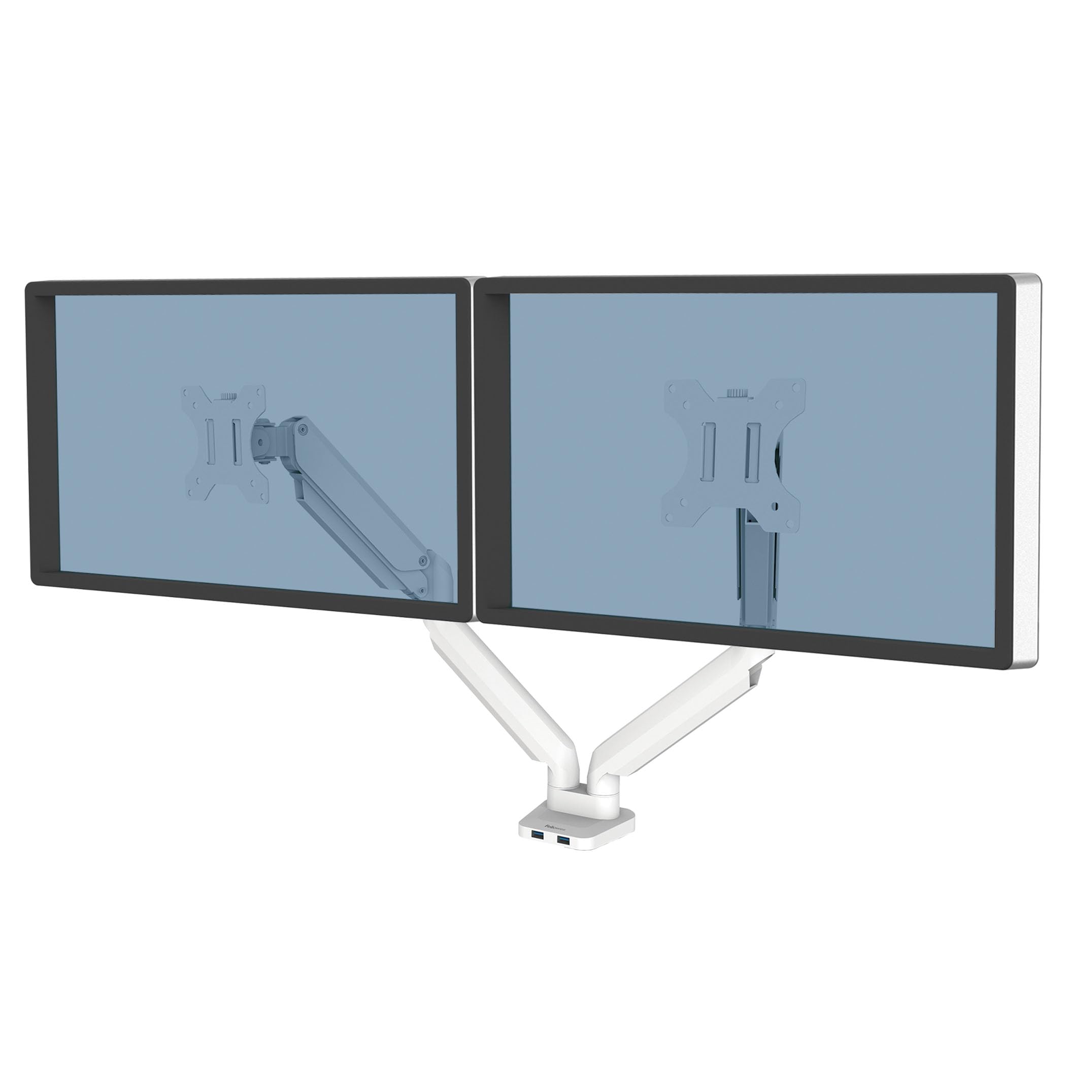Fellowes Monitor Halterung für 2 Monitore bis je 32 Zoll (81,28 cm) - Platinum Series Monitor Arm mit Gasfeder, USB Ports - Klemmbefestigung oder Kabeldurchlass - Farbe: Weiss