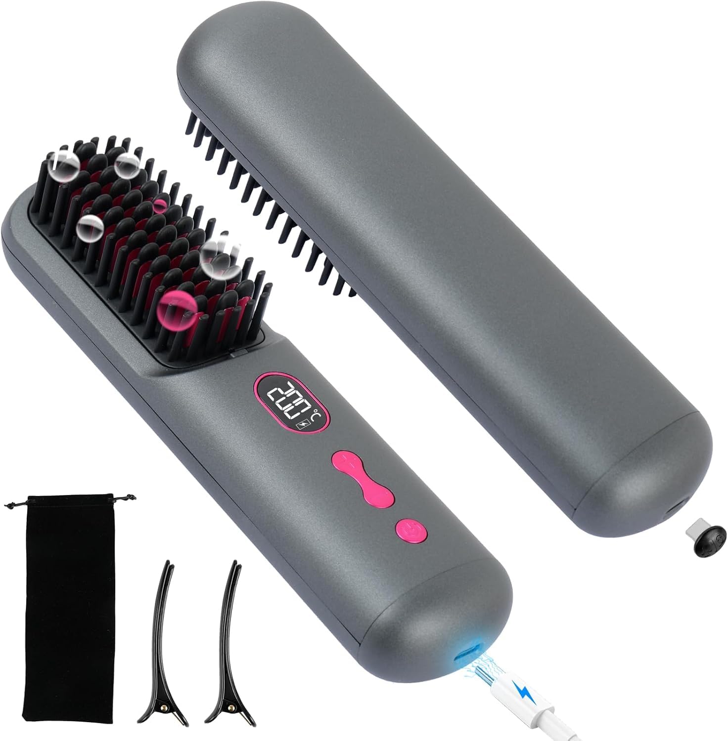 Cordless Hair Straightener Brush, 9600mAh Portable Heated Straightening Comb for Travel,Mini Negative Ion Cordless Hair Straightener Brush for Women with LCD Display (Grey)