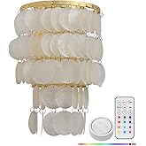 Pathson Battery Operated Wall Sconce Lighting with Remote, Capiz Shell Dimmable Bedside Wall Vanity Lamp, Brass Gold Seashell