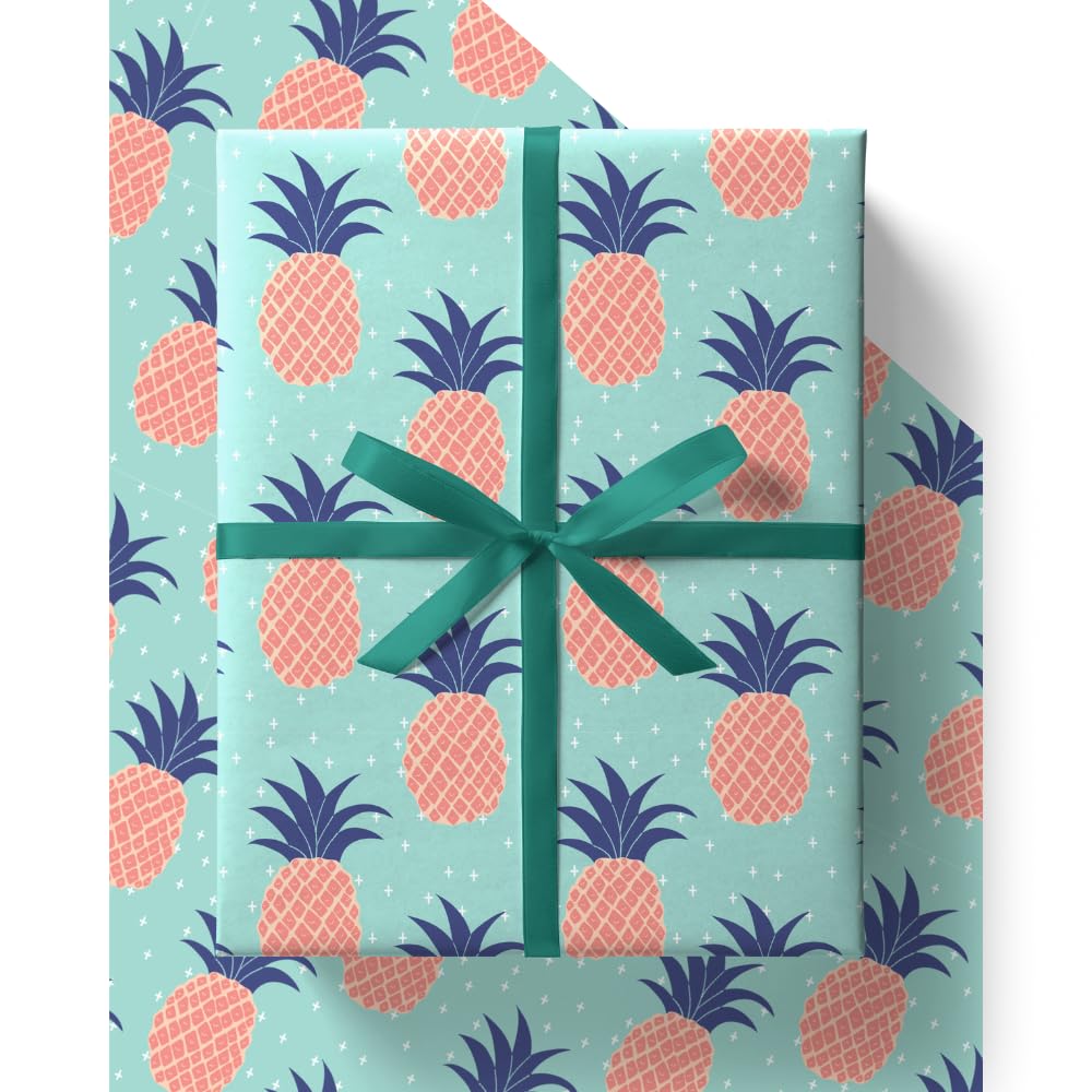 Pineapple Wrapping Paper - HUGE 43% BIGGER [84cm x 60cm] Eco Friendly Premium Recyclable Gift Wrap in Plastic Free Packaging (4 Sheets & 4 Tags)