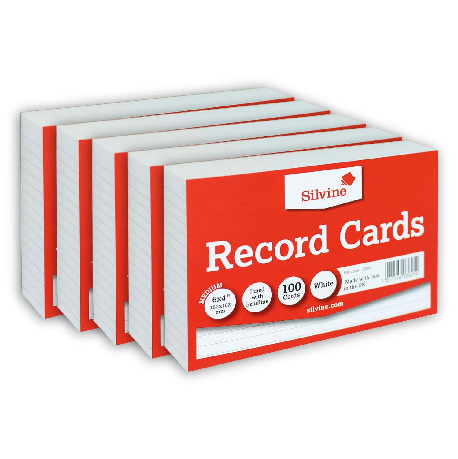 Silvine Record Card Bulk Pack of 500 | 5 x 100 6x4” White Lined with Headline Record Cards – Size Medium 152 x 102mm – A6