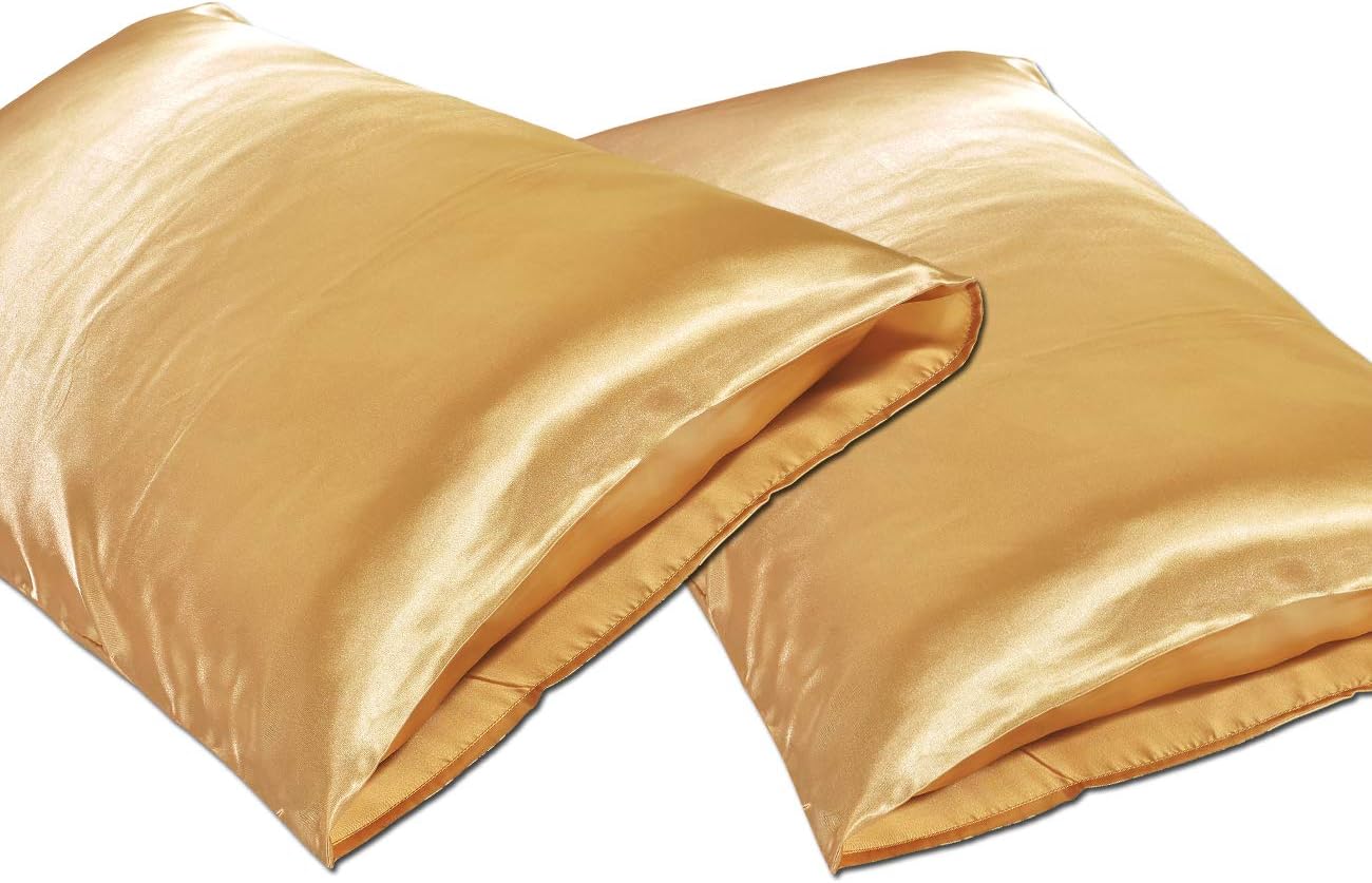 JINHONGRUI Silk Satin Pillowcase for Hair and Skin, Facial Beauty Hypoallergenic, No Zipper Pillowcase Covers, Standard, Queen, King Size Pillowcase Set of 2 (Queen(20x30), Gold-2 Pack)