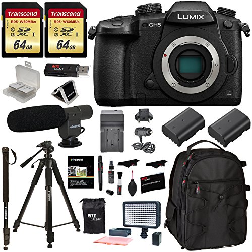 Panasonic Lumix DC-GH5 Mirrorless Micro Four Thirds Digital Camera Body, 2X Transcend 64GB, Professional Video LED Light, Microphone, Accessory Bundle