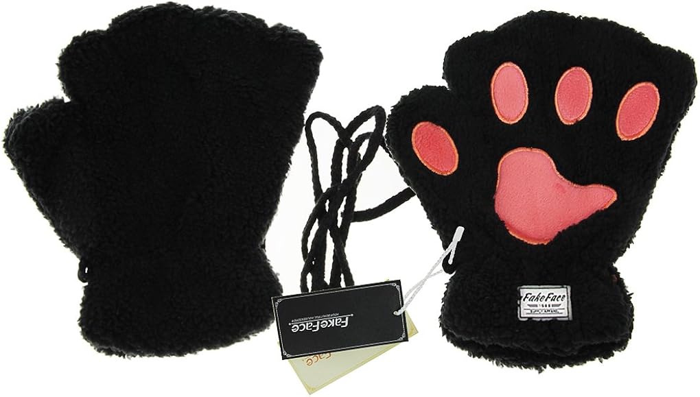 FakeFace Cute Cat Kitten Paw Fingerless Faux Fur Plush Gloves For Girls Women, Black, Small at  Women’s Clothing store