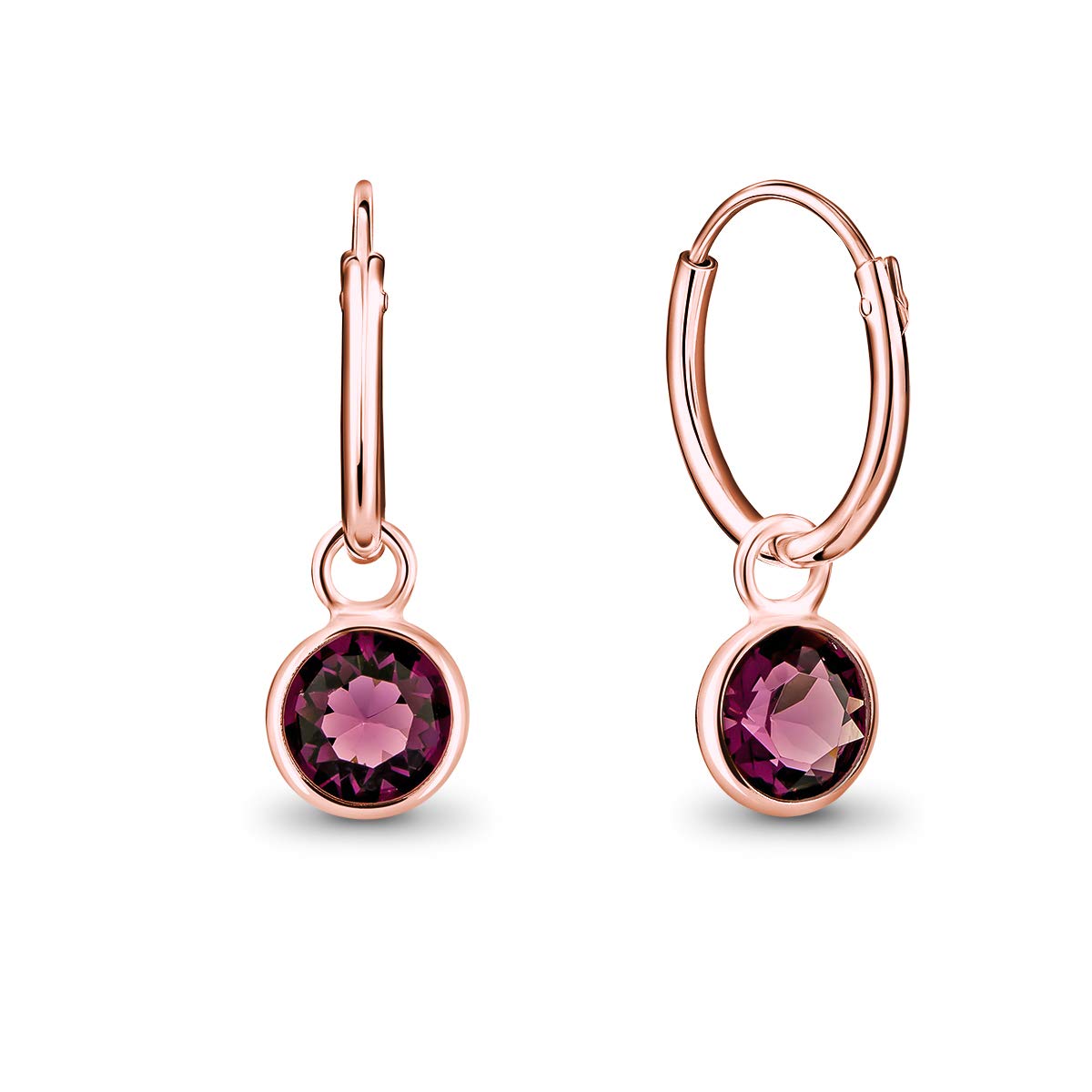 DTPsilver® 925 Sterling Silver Rose Gold Plated SMALL Hoops Earrings - Dangling 5 mm Round Glittering Crystals from Swarovski® Elements - Diameter 14 mm - Colour: Purple Amethyst