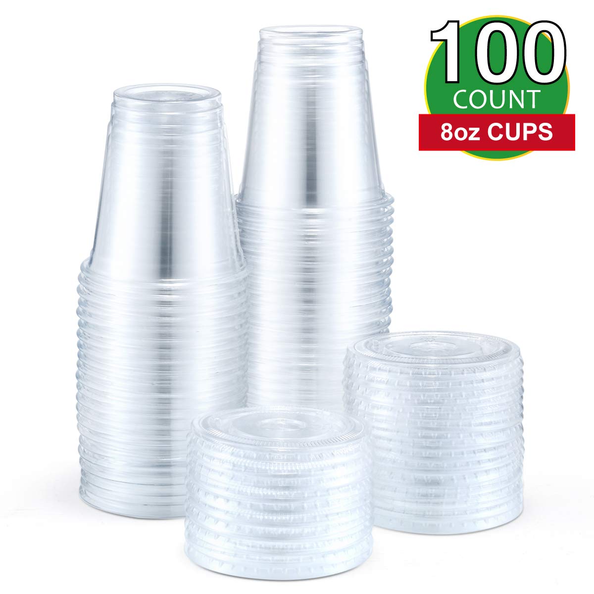 Eupako 8 oz Plastic Cups with Lids, Clear Disposable Cups with Flat Lids, Cold Drink Containers Pack of 100