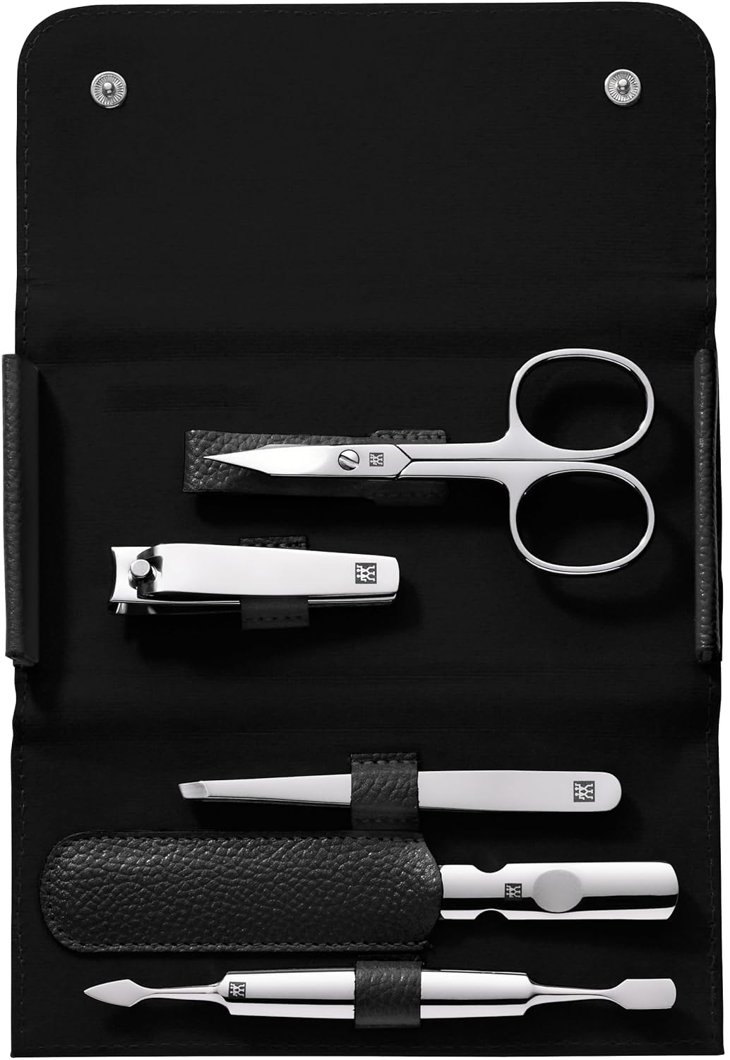 ZWILLING Travel Size Manicure Set 5 Pieces with Nail Clippers in 100% Leather Case Black
