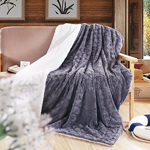 DaDa Bedding Castle Royalty Lavish Luxe Soft Warm Cozy Plush Reversible Faux Fur Sherpa Fleece Throw Blanket - Bright Vibrant Embossed Textured Cool Grey Tone & White Back Print - 63 x 87