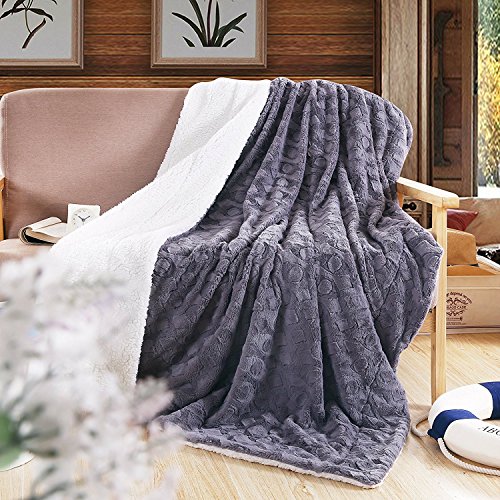 DaDa Bedding Castle Royalty Lavish Luxe Soft Warm Cozy Plush Reversible Faux Fur Sherpa Fleece Throw Blanket - Bright Vibrant Embossed Textured Cool Grey Tone & White Back Print - 90