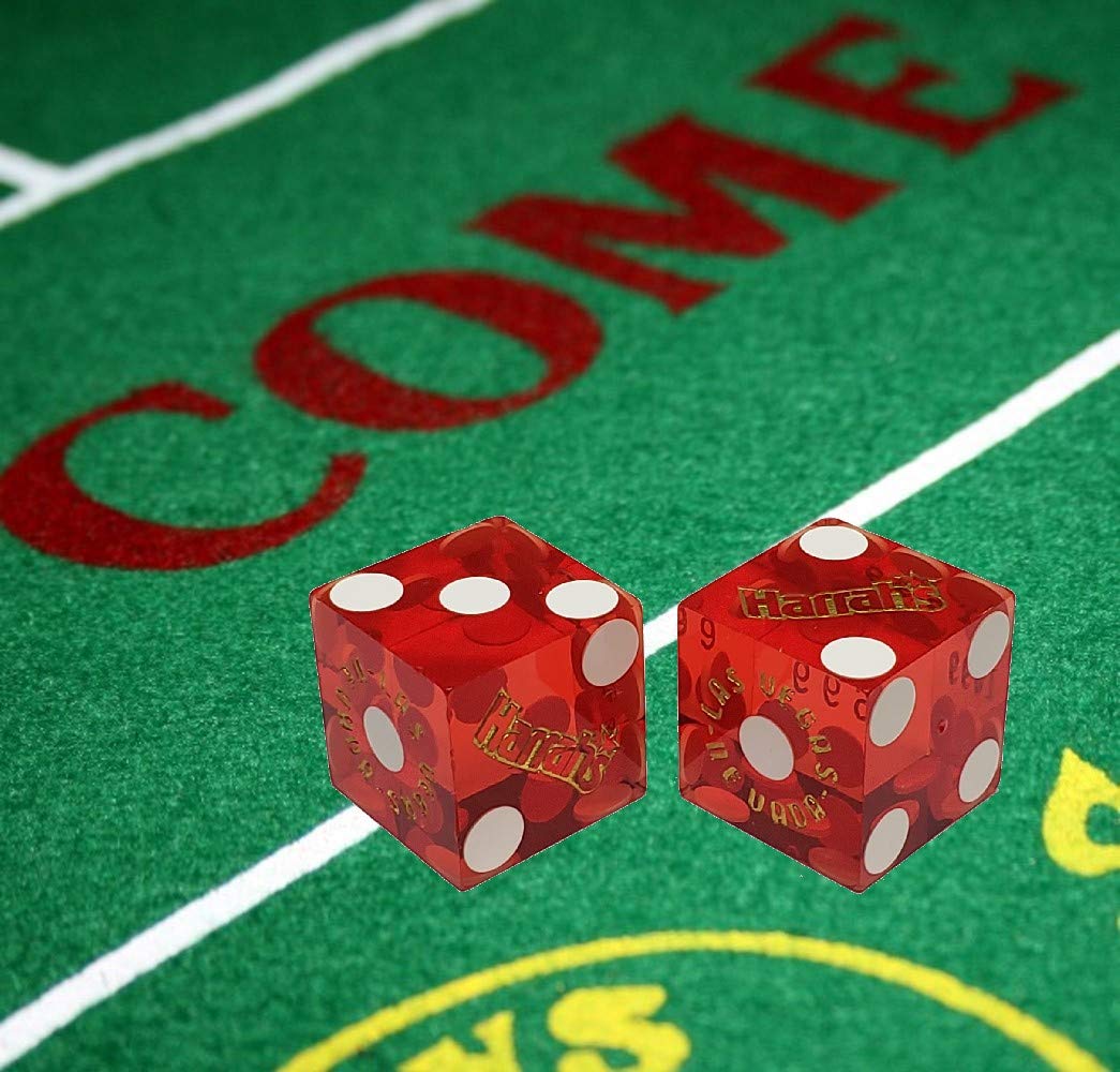 Wide Selection Craps Bundle Set: Las Vegas Style Felt Layout + Pair 19mm Authentic Nevada Casino Table-Played Dice (Harrah's (Red Polished))