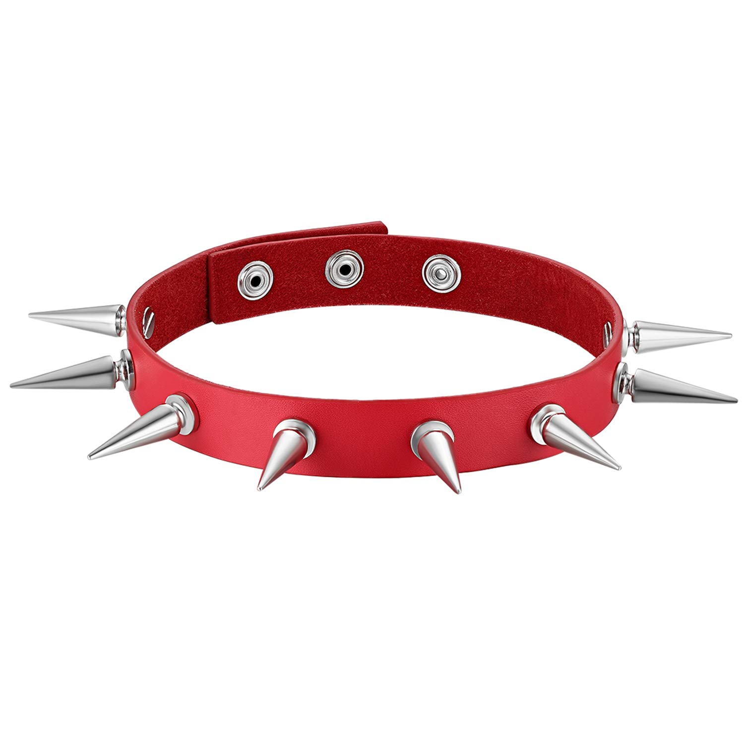 Cupimatch Gothic Rivets Adjustable 3 Button Leather Necklace Choker Punk Rock Alloy Stud Spike Collar Belt for Women Men (Red)
