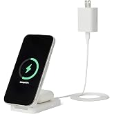 Amazon Basics MagSafe Compatible Wireless Charging Station, 25W Max. Fast Charging Qi2.2 Certified 2-in-1 Charger, Foldable Stand for iPhone 17/16/15/14/13/12 &amp; AirPods, with 45W Max. Adapter, White