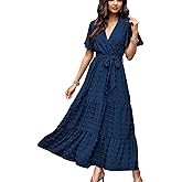 kinstell Women's 2025 Floral Summer Dress Wrap V Neck Short Sleeve Belted Ruffle Hem A-Line Bohemian Maxi Dresses